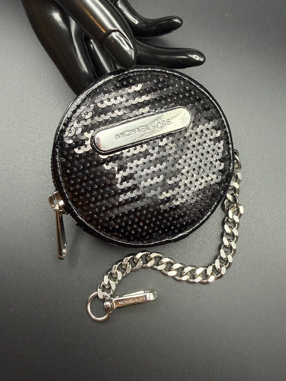 Michael Kors Black Sequin Round Coin Pouch with Chain